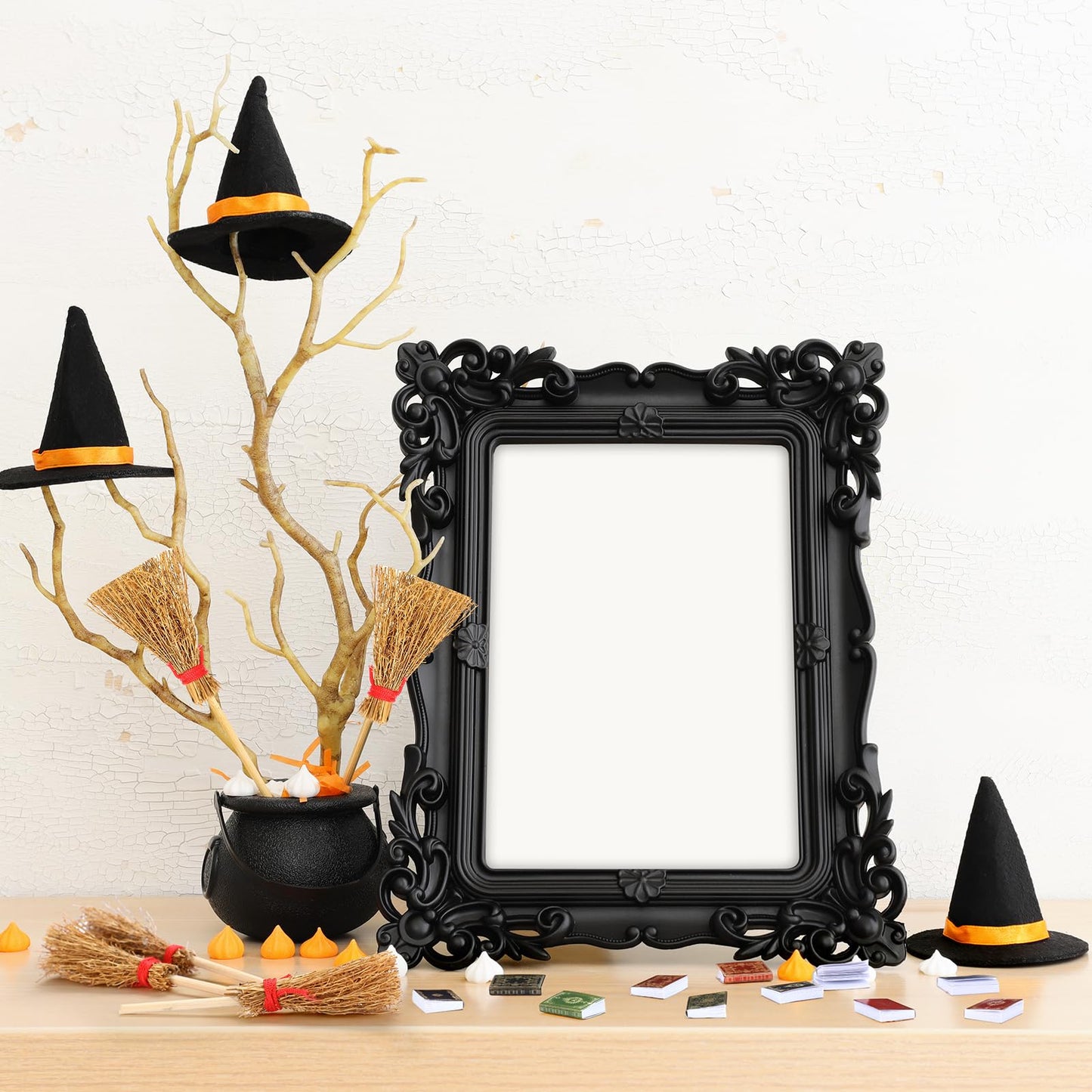 Yuntau 36 Pieces Mini Halloween Decorations 12 Mini Felt Witch Hats 12 Small Brooms 12 Miniature Dollhouse Books Tiny Witch Accessories Set for DIY Crafts Halloween Party Decor Supplies