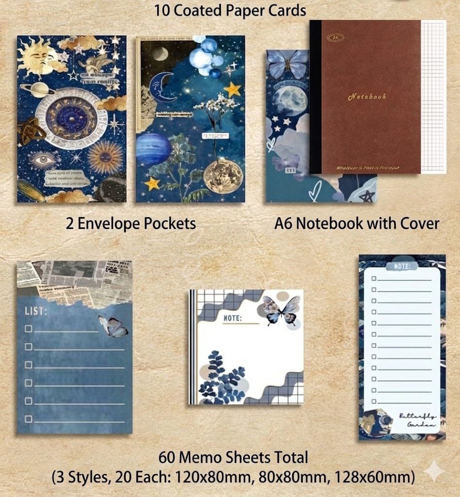 Vintage Scrapbook Journal Gift Set – Butterfly Garden Aesthetic Junk Journal Kit, 125 PCS Ephemera Pack with A6 Notebook, Stickers, Papers, Washi, Envelopes & Cards for DIY Art, Collage, Craft & Journaling (Butterfly)