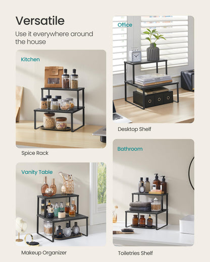 SONGMICS Spice Racks, Set of 2 Metal Cabinet Shelf Organizers, Countertop Organizers, Shelf Risers, Stackable, Expandable, Silver UKCS01SV