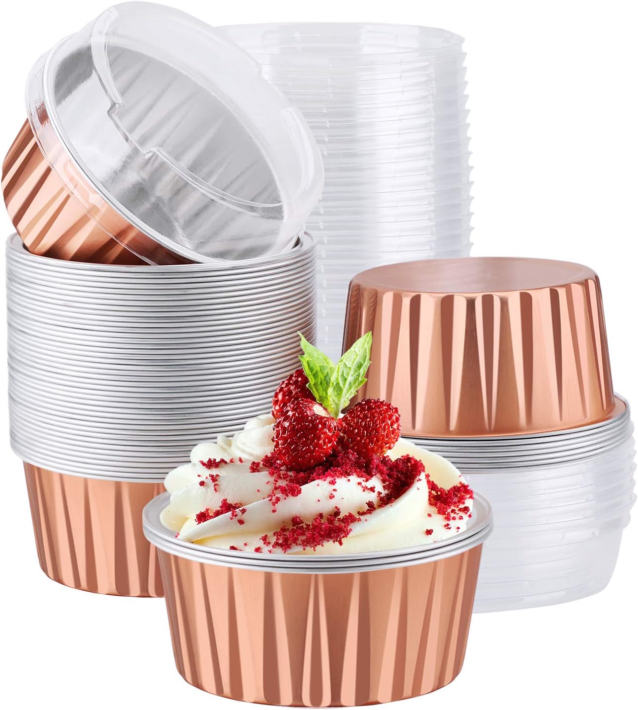EUSOAR Disposable Baking Cups, 5oz 50pcs Foil Ramekins, Aluminum Muffin Liners with Lids