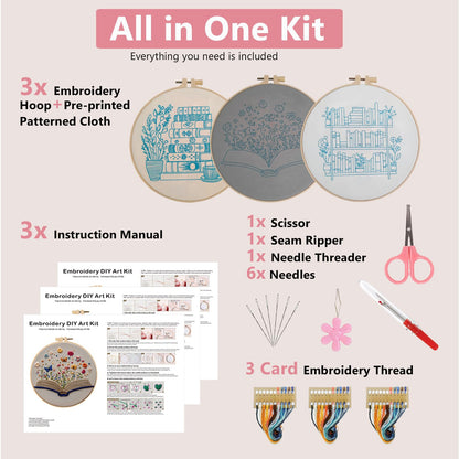 Embroidery Kit for Adults, Pre-Stamped Pattern Embroidery Kit for Beginners, Needlepoint Starter Kit with Hoop Thread Needle Instruction, 7.9'' Hoop (Book Lover 3 Packs)