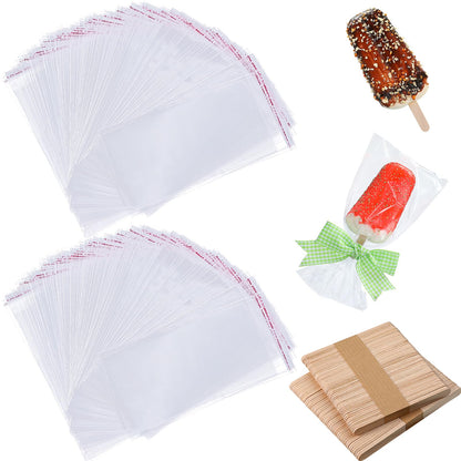 Patelai 500 Pcs Ice Lolly Sticks and Plastic Bags Set, Clear Self-adhesive Plastic Bags and Ice Lolly Sticks for Family Gathering Summer Party, 4.49 Inch, 8.27 x 3.15 Inch
