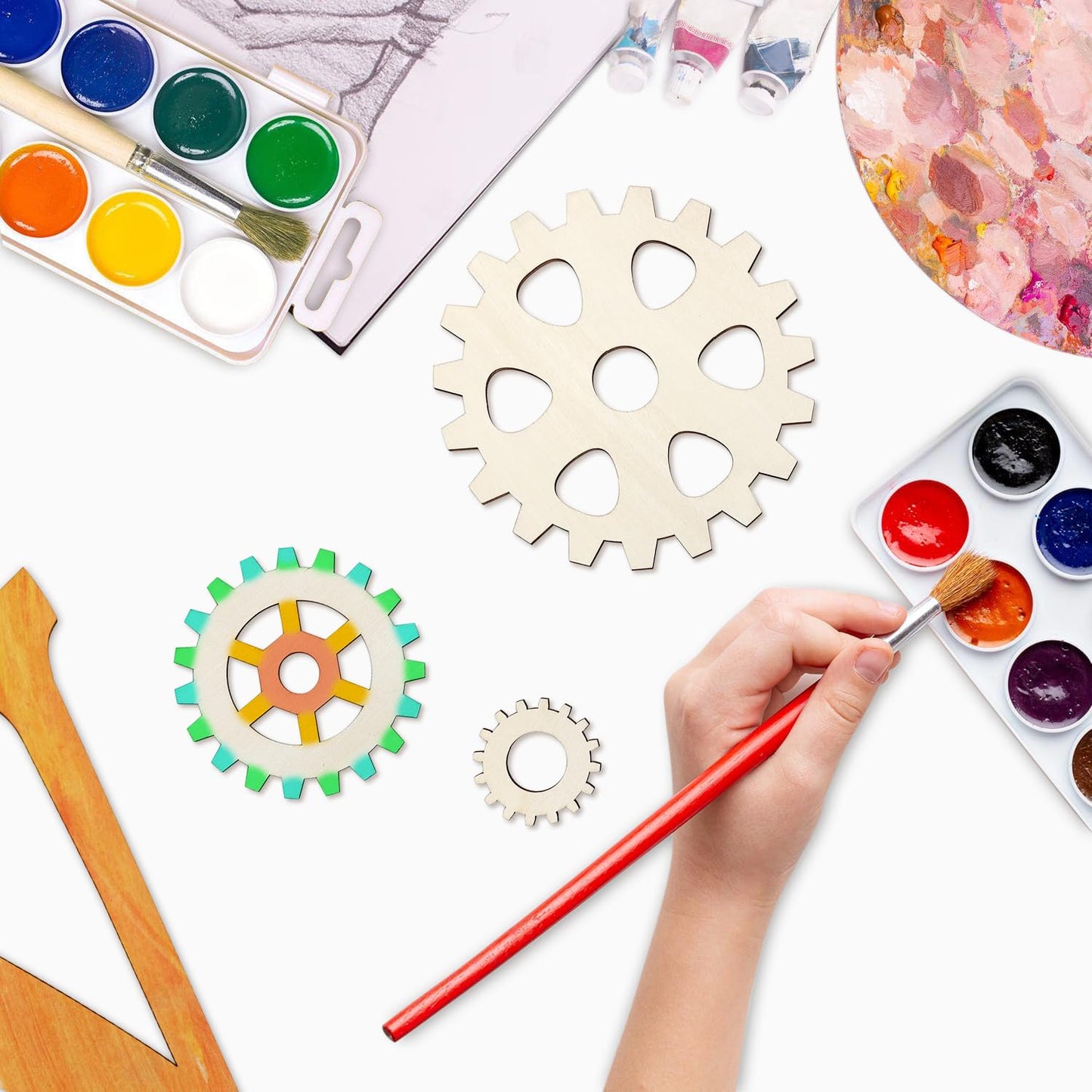 10 Pcs Wooden Gear Set up to 5.9" Wood Gear Cutouts Unfinished Wood Gear Crafts Decorations Steampunk Design DIY Paint The Gears Craft Supplies