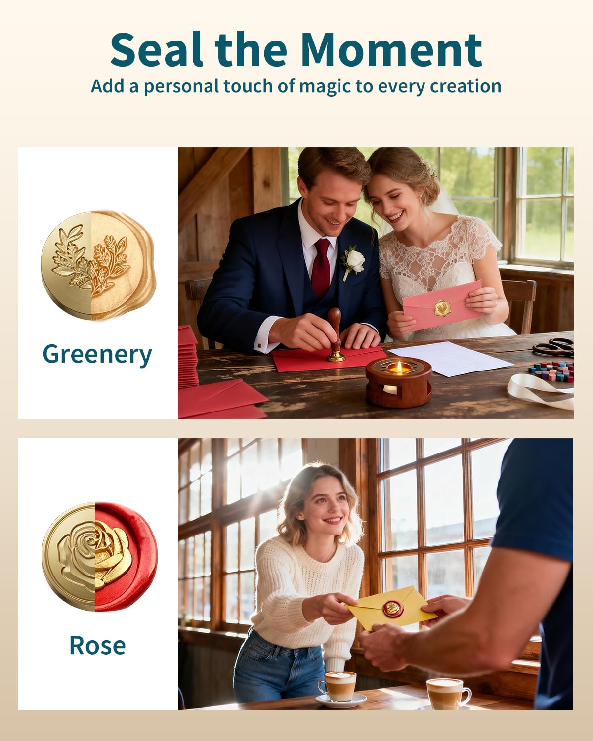 SHOWPIN Wax Seal Kit for Beginners: 400 Wax Beads in 20 Colors, 2 Stamp Heads & Premium Envelopes in Gift Box for Holiday Gifting & DIY Letter Sealing