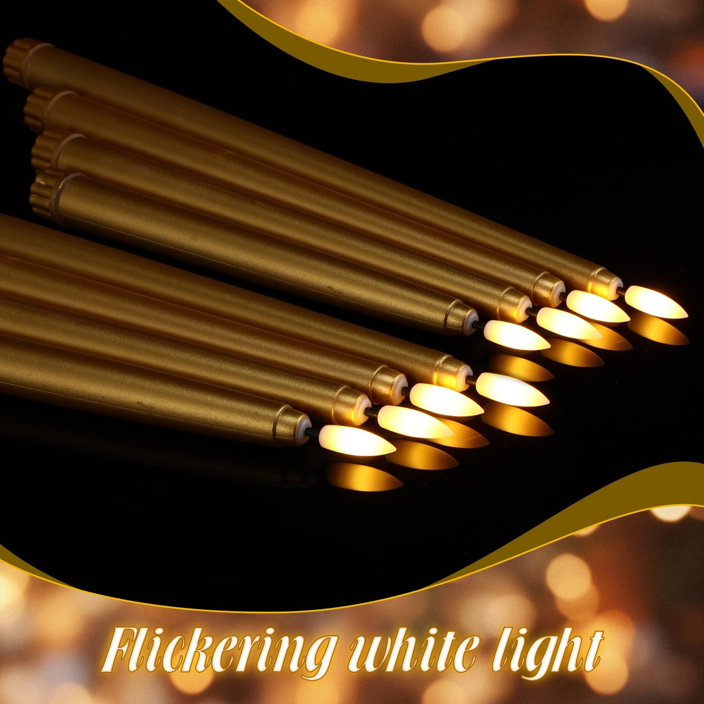 Rossesay 24 Pcs Flameless LED Taper Candles Battery Operated Candle 8.5", 9.65", 10.8", 12.8" Flameless Candlesticks Flickering for Christmas Church Wedding Indoor Decoration(Classic, Golden)