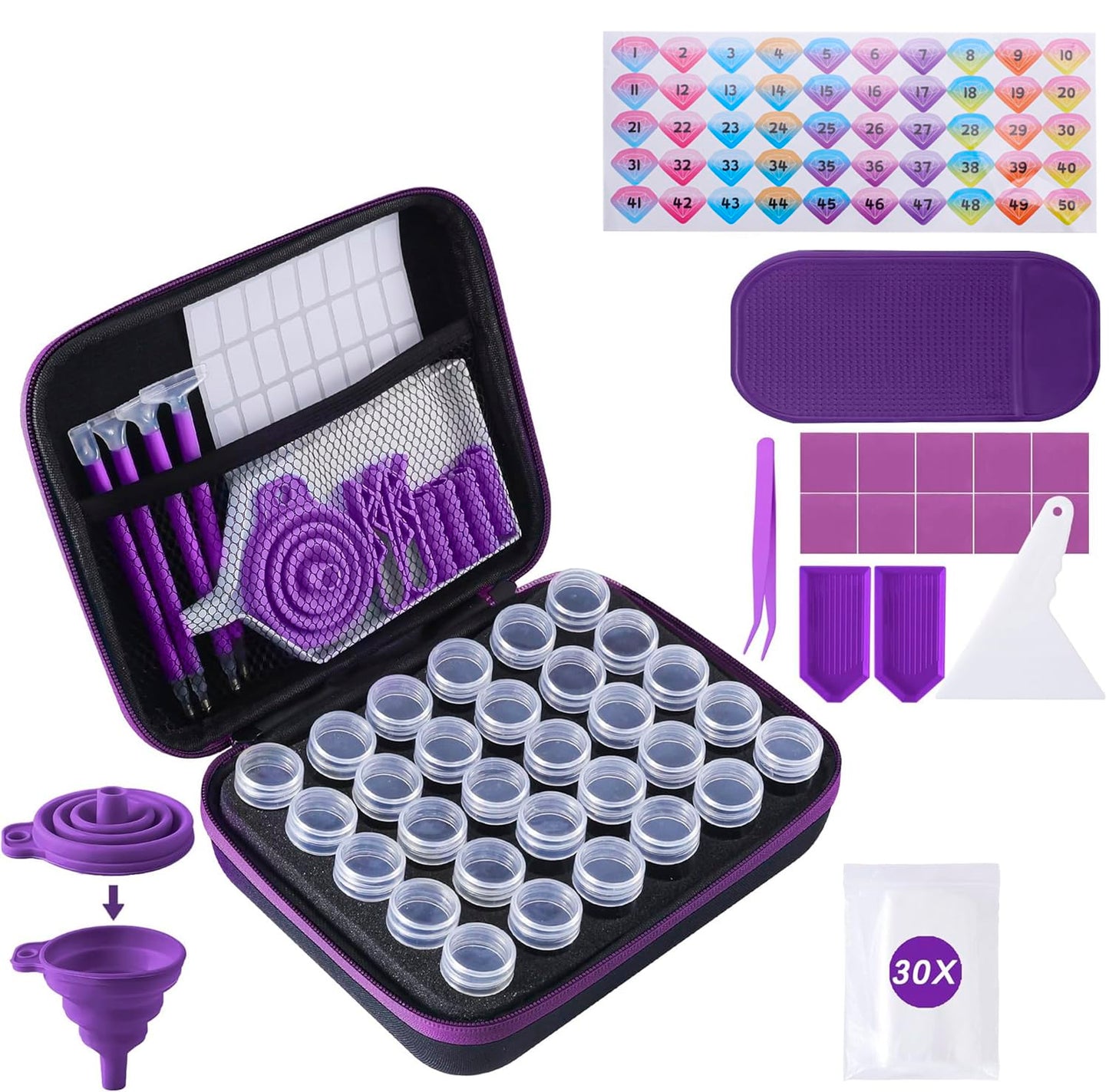 LYMUSUMI 30 Slots Diamond Art Storage Containers for Adults Portable Bead Storage Boxes for Diamond Painting Accessories and Tools（Purple）