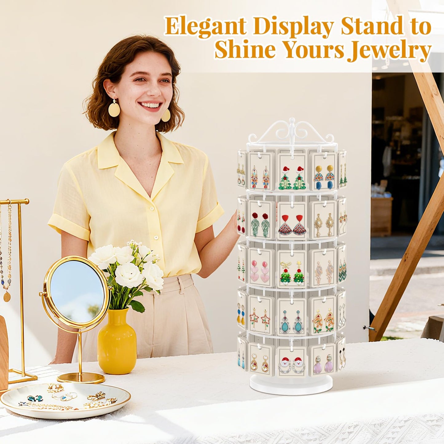 EsLuker.ly Earring Holder Organizer Rotating Display Tree Stand, Adjustable Height Earring Card Hanger Rack with 50 Hooks for Vendors Market Selling, 5 Tier Metal Jewelry Storage Tower, White