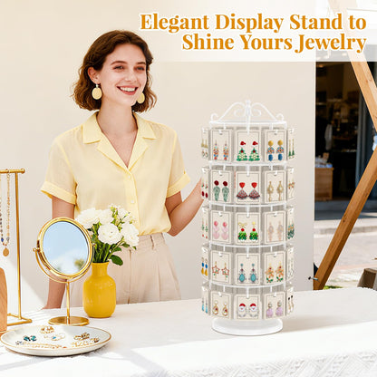 EsLuker.ly Earring Holder Organizer Rotating Display Tree Stand, Adjustable Height Earring Card Hanger Rack with 50 Hooks for Vendors Market Selling, 5 Tier Metal Jewelry Storage Tower, White