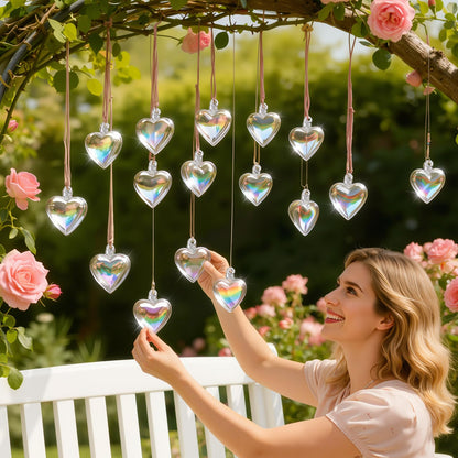 Bokon 12 Pcs Valentine Glass Heart Ornaments Valentine Tree Decoration 3.15 Inch Hand Blown Glass Hearts for Tree Clear Iridescent Crystal Ornaments Transparent Hanging Pendant for Wedding Party