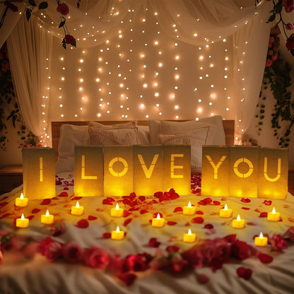 Homemory I Love You Light Up Letters Proposal Decorations with Flameless Candles and 2000 Fake Rose Petals, Valentine's Day Luminary Bags Romantic Decorations Special Night for Wedding Anniversary