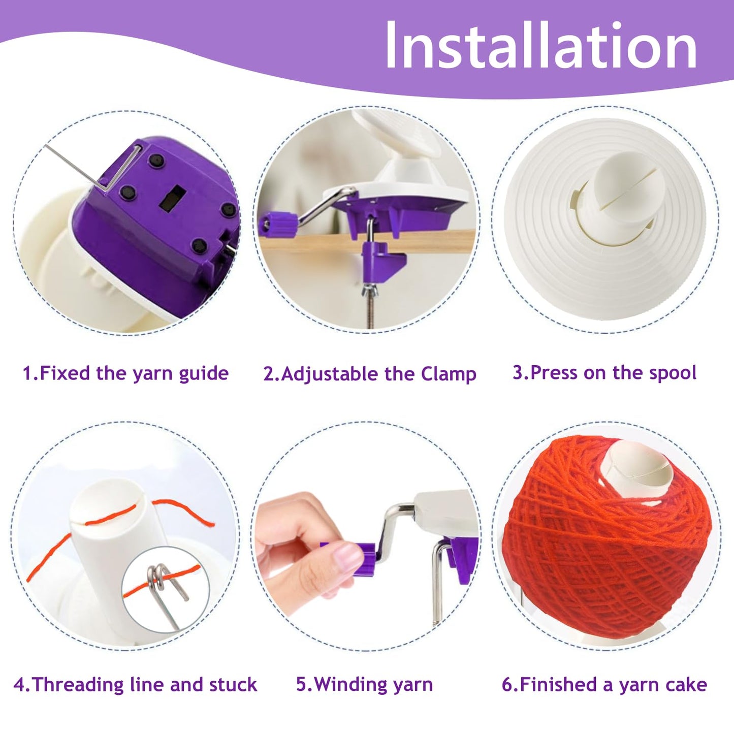 Yarn Ball Winder, Hand Purple Ball Winders for Yarn, Yarn Winder with Easy Installation for Yarn Storage +2PCS Adjustable Knitting Loop Crochet+10 PCS Stitch Knitting Needles +10 PCS Plastic Needles