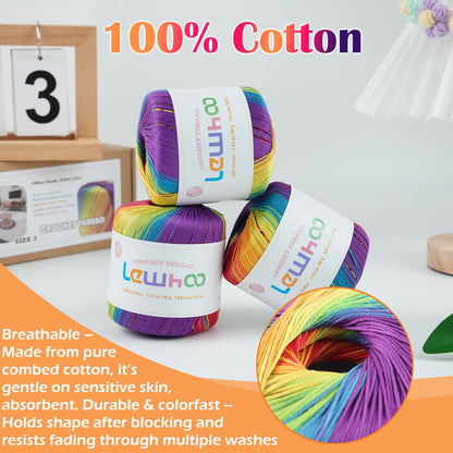 Lewhoo Crochet Thread Size 3, 3 Pack 100% Cotton Lace Yarn Set, 40g Balls Yarn for Hand Knitting Rainbow