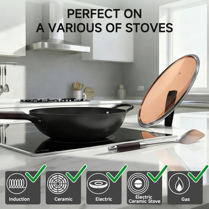 SUMEIGUAN 13.5" Carbon Steel Wok Pan - Pre-Seasoned Flat Bottom Woks & Stir-fry Pans Chinese Cookware with Lid & Spatula - For Pan-fry,Stir Fry, Steam, BBQ & Camping - Compatible with Induction, Gas
