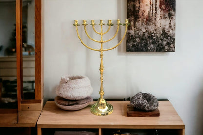 Giant Temple Menorah 7 Seven - Branch | 32-Inch (81cm) Solid Brass Candelabra | Large Gold Jewish Menora for Candles & Oil Cups
