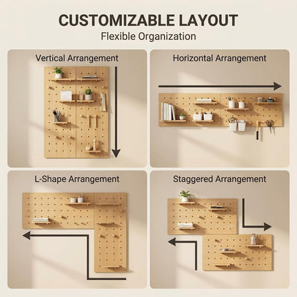 Lumiterra Large Wood Pegboard Wall Organizer - Heavy Duty 2-Panel Wooden Peg Board Kit with Shelves & Accessories, Modular Wall Storage Display for Craft Room, Office, Bedroom