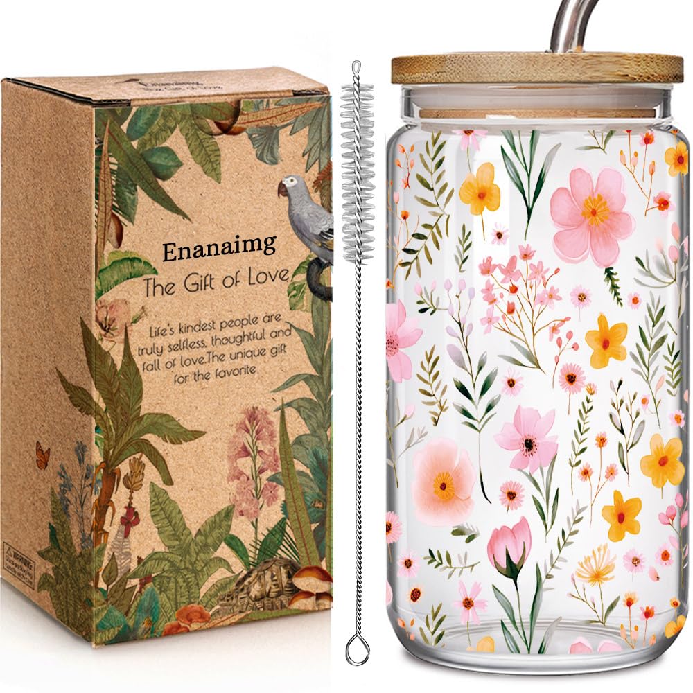 Floral 16oz Iced Glass Cups with Bamboo Lids and Straws Wildflower Coffee Cup Gift for Women Cute Flower Drinking Glass with Cleaning Brushes, Flower Gifts for Mother Birthday Bridesmaid Party