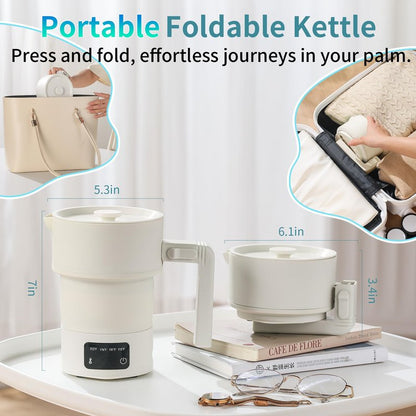 UPEZAN Travel Electric Kettle - Collapsible Portable Electric Kettle, 600W Foldable Small Water Boiler with 4-Temp Presets, Food Grade Silicone for Hotel, Office, Camping, 600mL, Beige