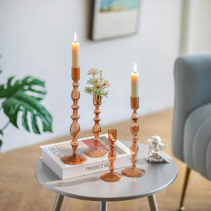 Glass Candle Stick Candle Holder : Glasseam Amber Taper Candle Holder Set of 4 Modern Candle Sticks Holder Decor Tall Decorative Candle Holders for Table Fall Centerpiece Dining Thanksgiving Halloween