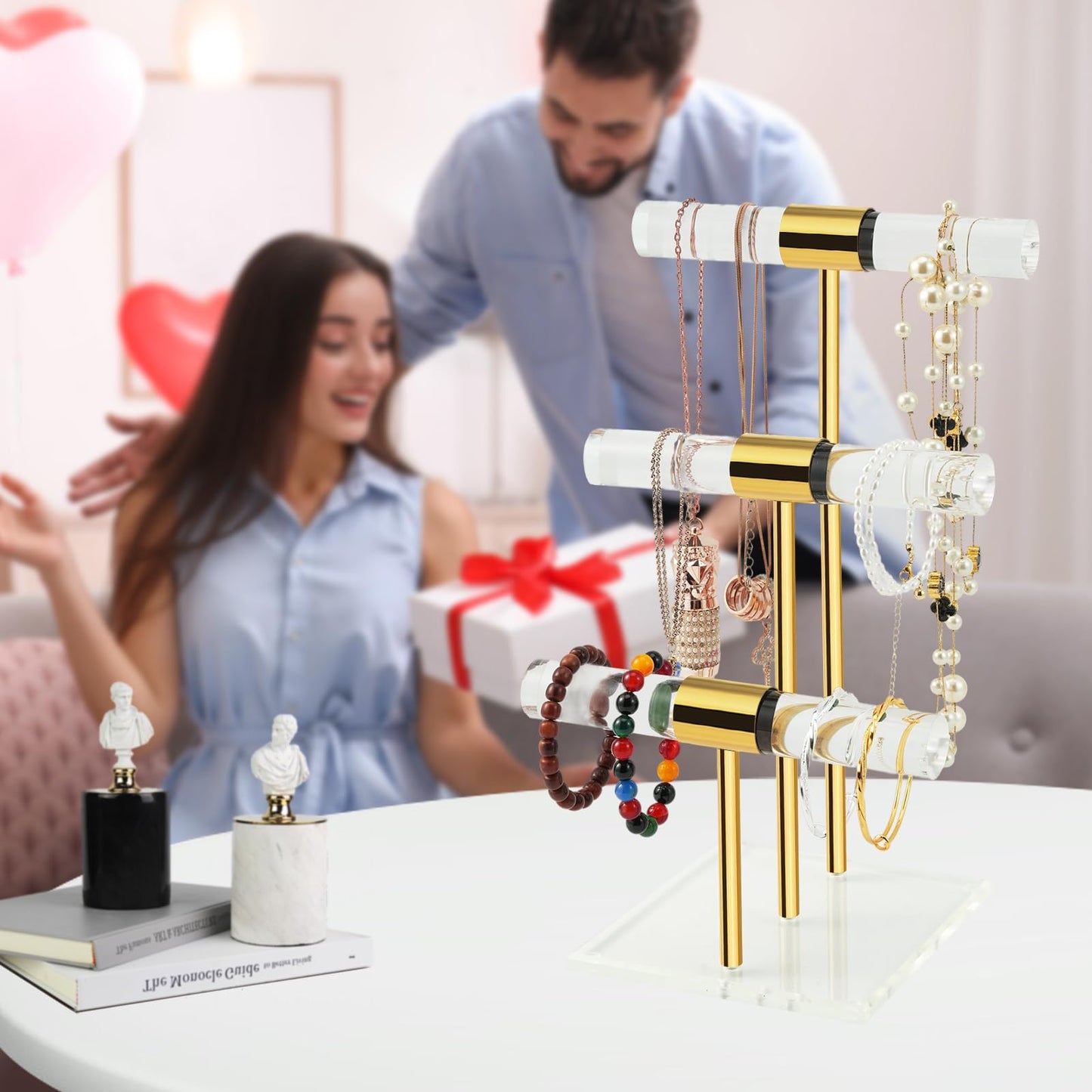 3 Tier Tangle-free Bracelet Display Stands, Acrylic T-Bar Jewelry Display Holder, Clear Gold Necklace Organizer with Stainless Rod, Women Men Vendors Retail Store Counter Jewelry Hanging Stand