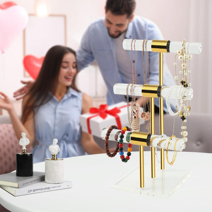 3 Tier Tangle-free Bracelet Display Stands, Acrylic T-Bar Jewelry Display Holder, Clear Gold Necklace Organizer with Stainless Rod, Women Men Vendors Retail Store Counter Jewelry Hanging Stand
