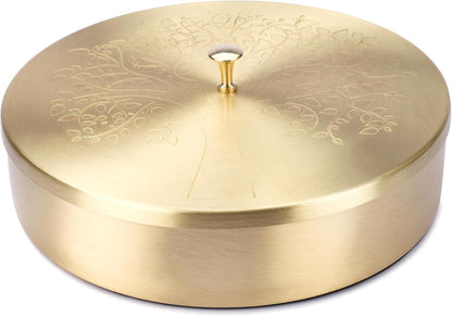 8 Inch 7 1 Ajuny Handcrafted Brass Spice Box Golden with Embossed Lid - Decorative Round Masala Canister Removable