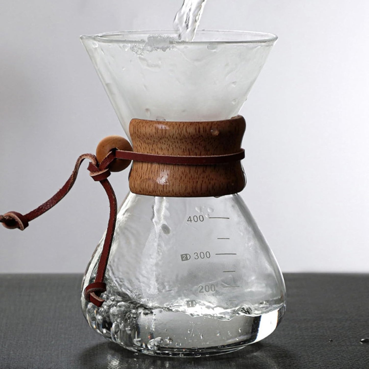 TOPINCN Double Layer Filter V Spout Wooden Sleeve Pour Over Coffee Maker 400ml Capacity, Clear Scale Glass Material