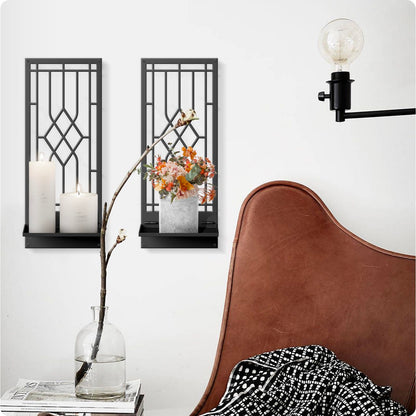 Wall Sconces Candle, Black Metal Wall Decor, Retro Wall Candle Holder for Living Room, Dining Room, Bedroom, Bathroom (2 Pack, 16.5 x 7 in)