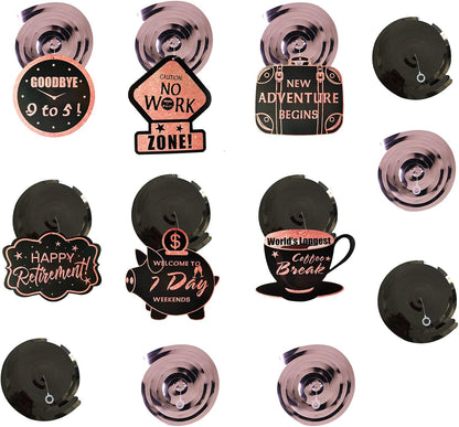 Retirement Party Decorations for Women, Black Rose Gold Happy Retirement Banner and Swirls with Rose Gold Confetti