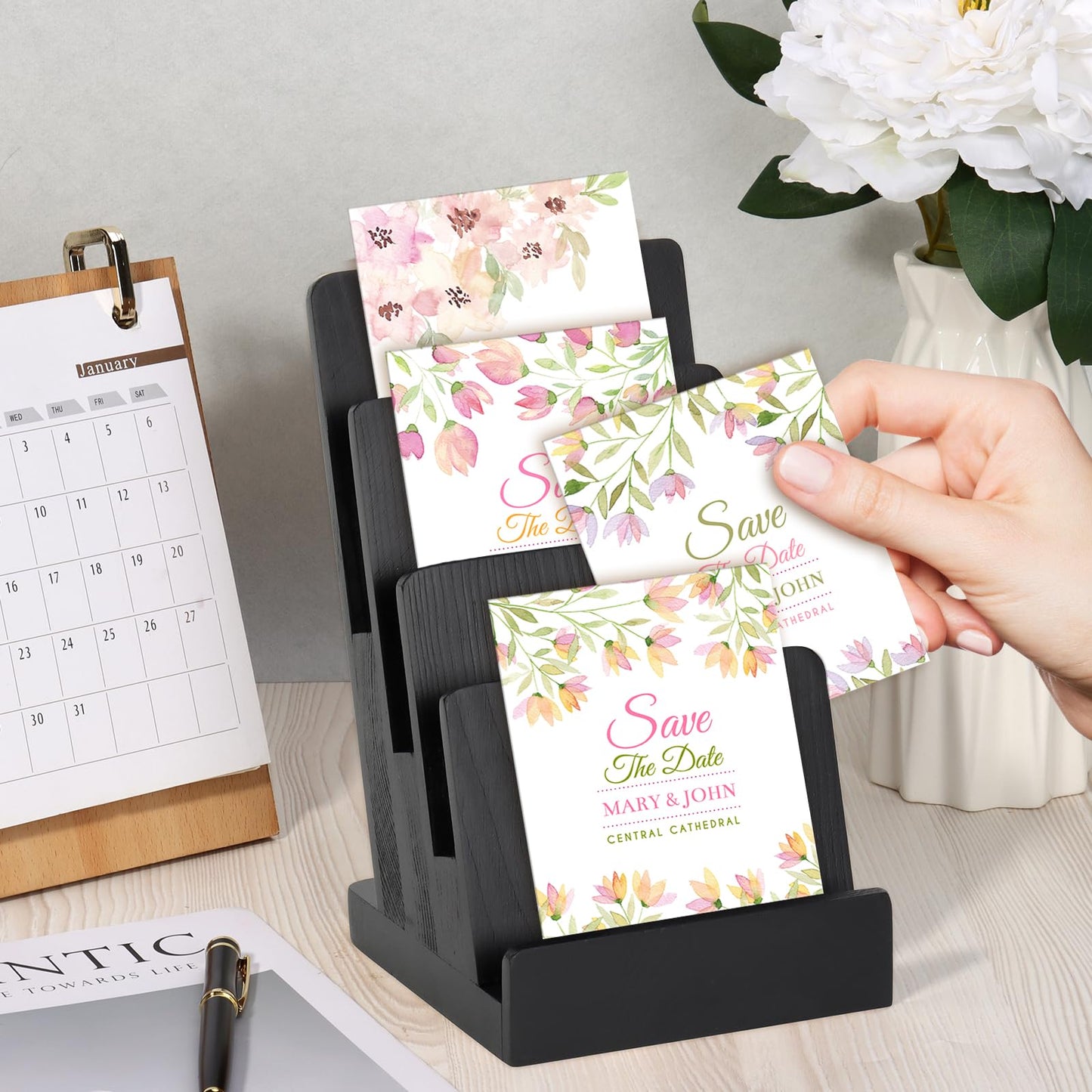 HKSZEH 4 Tier Wood Brochure Display Stand 6 x 9 inch Black Brochure Holder Pamphlet Display Stand for 5.5 x 8.5 inch 5 x 7 inch Booklets Menus Postcard Holder Multi Purpose Organizer