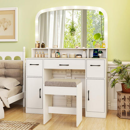 CHARMAID White Vanity Desk with Arched Mirror and Lights, Large Makeup Vanity Table with Charging Station, Storage Drawers & Cabinets, Modern Dressing Table with Stool for Bedroom