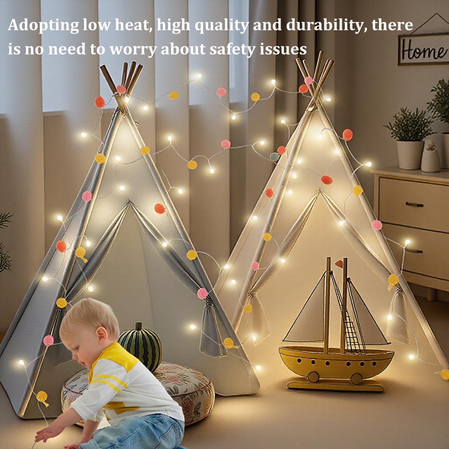 LED Pom Poms Fairy Lights - 21Feet, 20 LED, Battery Operated, Warm White Globe Lights Cute for Home,Kids Playhouse, Holiday, Christmas, Kids Room Party Birthday Wedding Valentines Decorations