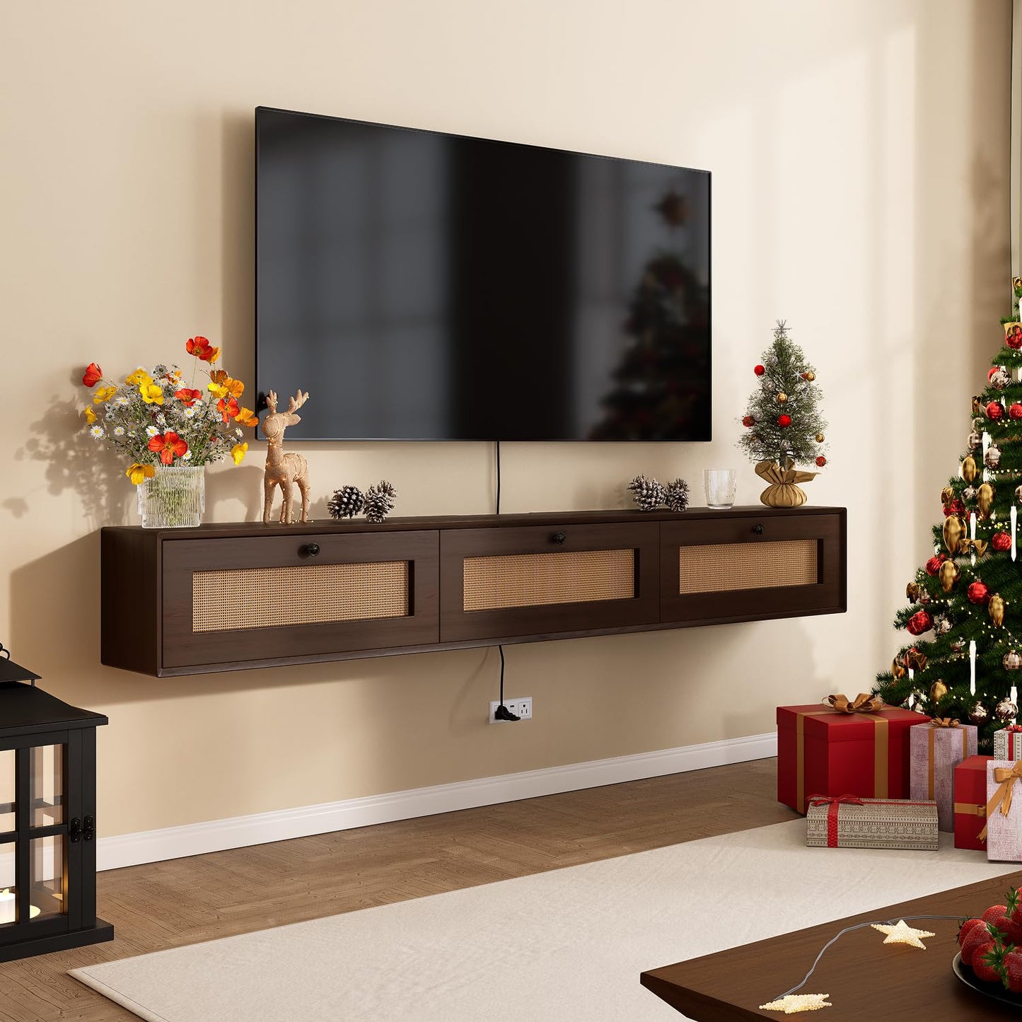 FurniNova 70'' Floating TV Stand with Rattan Doors, Wall Mount TV Console Cabinet, Fully Assembled Floating Entertainment Center, Matte Finish, Plywood Media Cabinet for Living Room