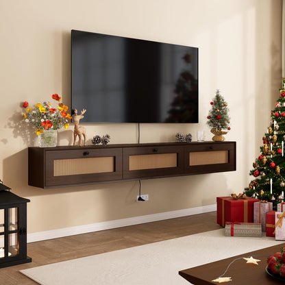FurniNova 78'' Floating TV Stand with Rattan Doors, Wall Mount TV Console Cabinet, Fully Assembled Floating Entertainment Center, Matte Finish, Plywood Media Cabinet for Living Room