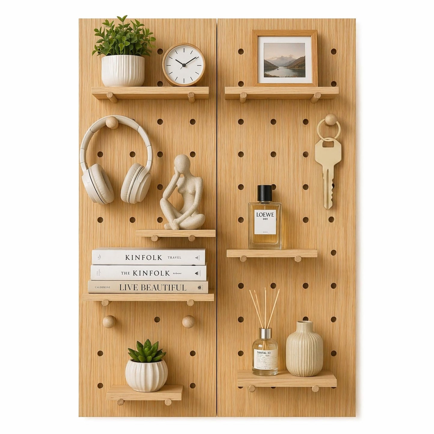 Lumiterra Large Wood Pegboard Wall Organizer - Heavy Duty 2-Panel Wooden Peg Board Kit with Shelves & Accessories, Modular Wall Storage Display for Craft Room, Office, Bedroom