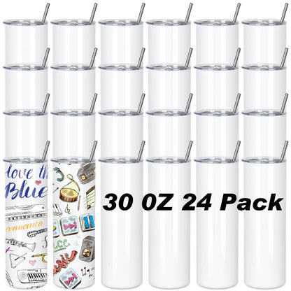 Muwnrol 30 Oz Sublimation Tumblers Bulk, Sublimation Tumbler Stainless Steel Double Wall Vacuum Insulation Cups with Straw, Individually Box (24 Pack)