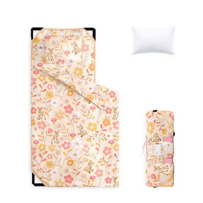 Wake In Cloud - Cot Nap Mat with Pillow and Blanket, for Toddler Kids Girls Ages 3 Plus in Daycare Kindergarten Preschool with Elastic Corner Straps, Floral Botanical Flowers, Peach Beige