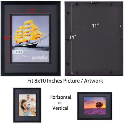 Yaetm 11x14 Double Floating Mat Picture Frame Set of 2, Display Picture 8x10 with Black Double Mat, Polished High Definition Real Glass, Wall Mounting Photo Frames, Black