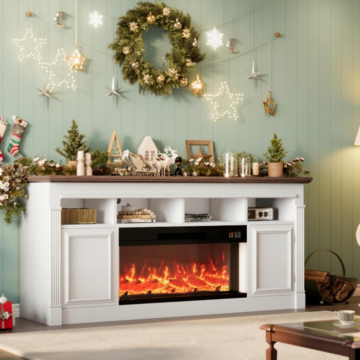 GarveeLife 68" Fireplace TV Stand for TVs Up to 75", Entertainment Center with 36'' Corded Electric Fireplace, Remote Controlled Realistic 3D Flame, Console Table with Storage Shelves, White & Brown