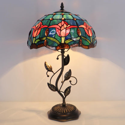 LXHCYOU Tiffany Table Lamp, Stained Glass Desk Light, W12H19 Inch, Metal Leaf Base (Tulip Style)