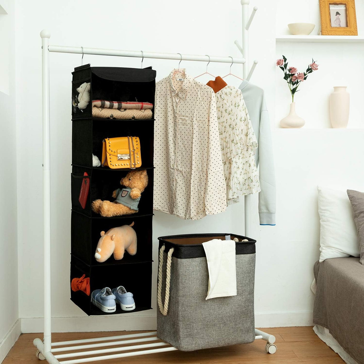 BrilliantJo 2 Pack Closet 5 6 43"x12"x12"(Black) Hanging Organizer, Shelves Hanging Storage with Side Pockets