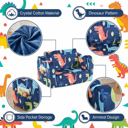 2-in-1 Kids Couch Sofa Toddler Sofa Dinosaur Foldable Toddler Couch Bed Flip Open Kids Chair for Playroom Bedroom Gift