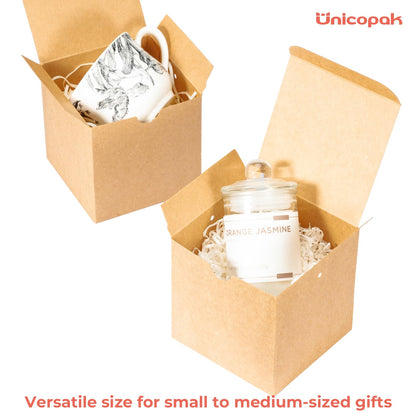UnicoPak 30 Pack 5x5x5 Small Gift Boxes with Lids & Twine - Premium USA Kraft Cardboard - Pop-Up Easy Assembly Gift Boxes for Mugs, Candles, Ornaments & Christmas