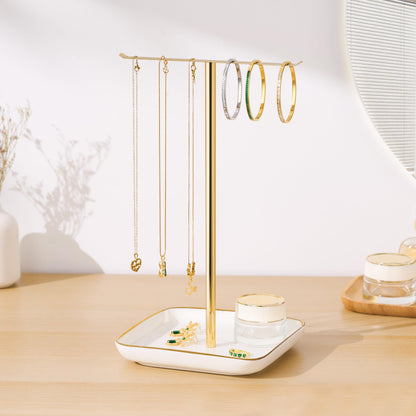 pickpiff Necklace Holder Stand with Ceramic Base: 12" Jewelry Tree Display Organizer for Necklaces, Bracelets, Rings, Earrings, Tall Gold Stand for Women, Aesthetic Room Décor, Gold and White