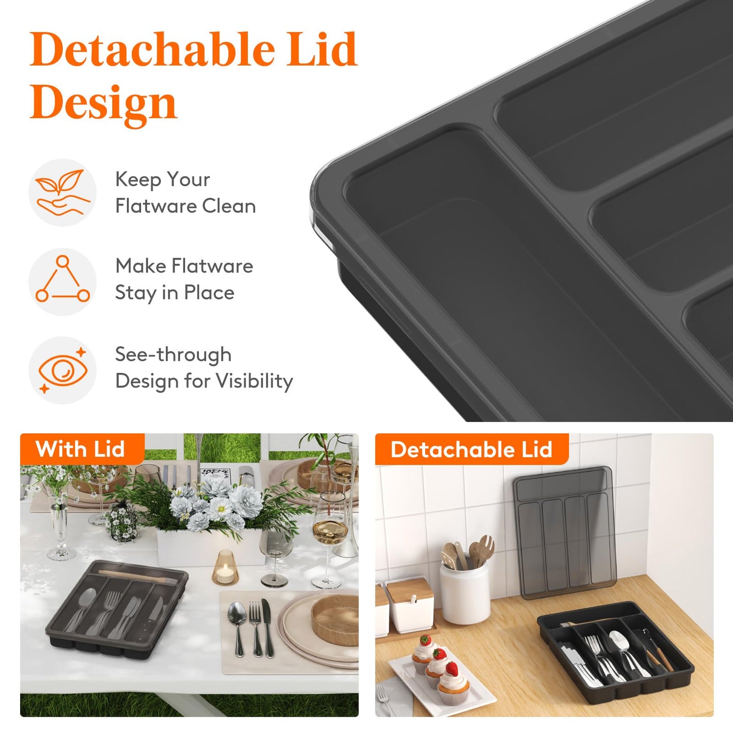 Lifewit Silverware Organizer with Lid, Covered Utensil Tray for Kitchen Drawer and Countertop, Plastic Cutlery and Flatware Storage Box for Spoons Forks Knives Holder Case, 6 Compartments, Black