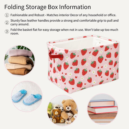 FYSUIMU Strawberry Storage Basket Foldable Strawberry Flower Heart Storage Bin with Handle Red Pink Fabric Basket for Home Office Organizer Decor, 15 x 10.2 x 9.4 Inch