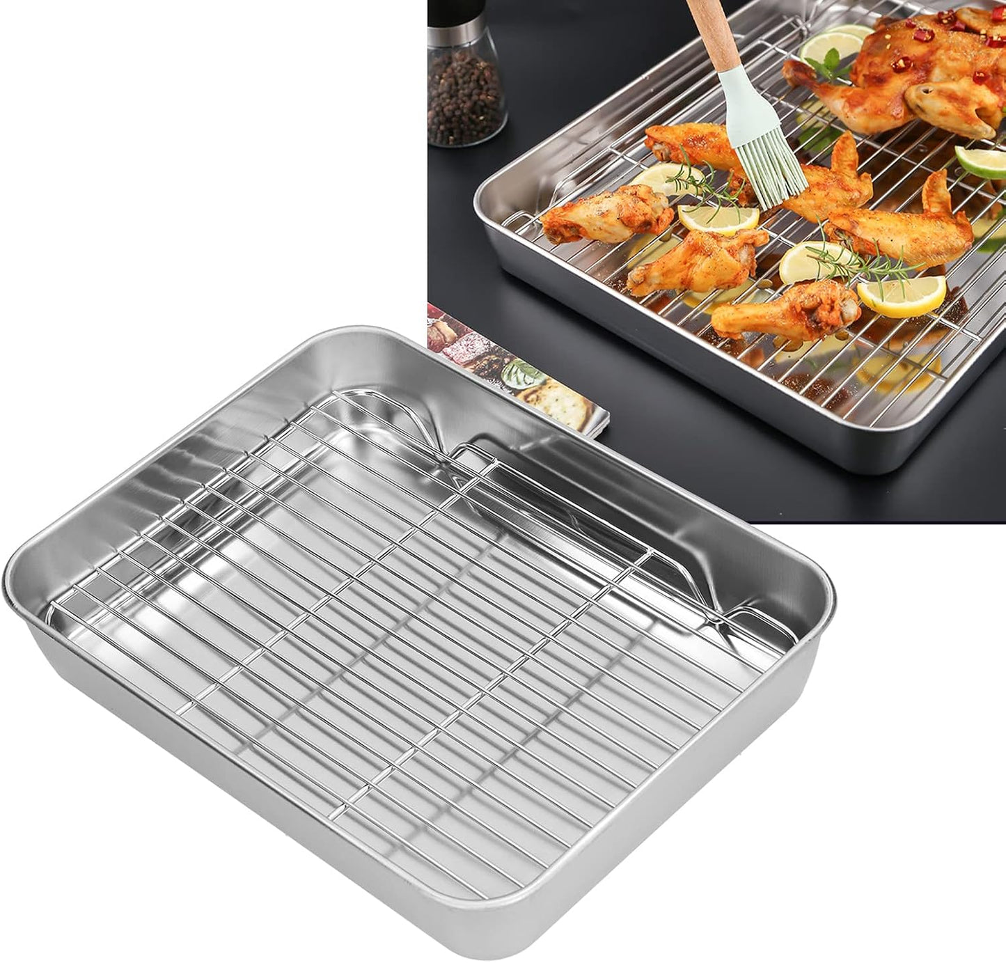 Roasting Pan with Rack, Nonstick Steel Bakeware, Rectangular Roaster for Kitchen Cooking, 23 x 17 cm