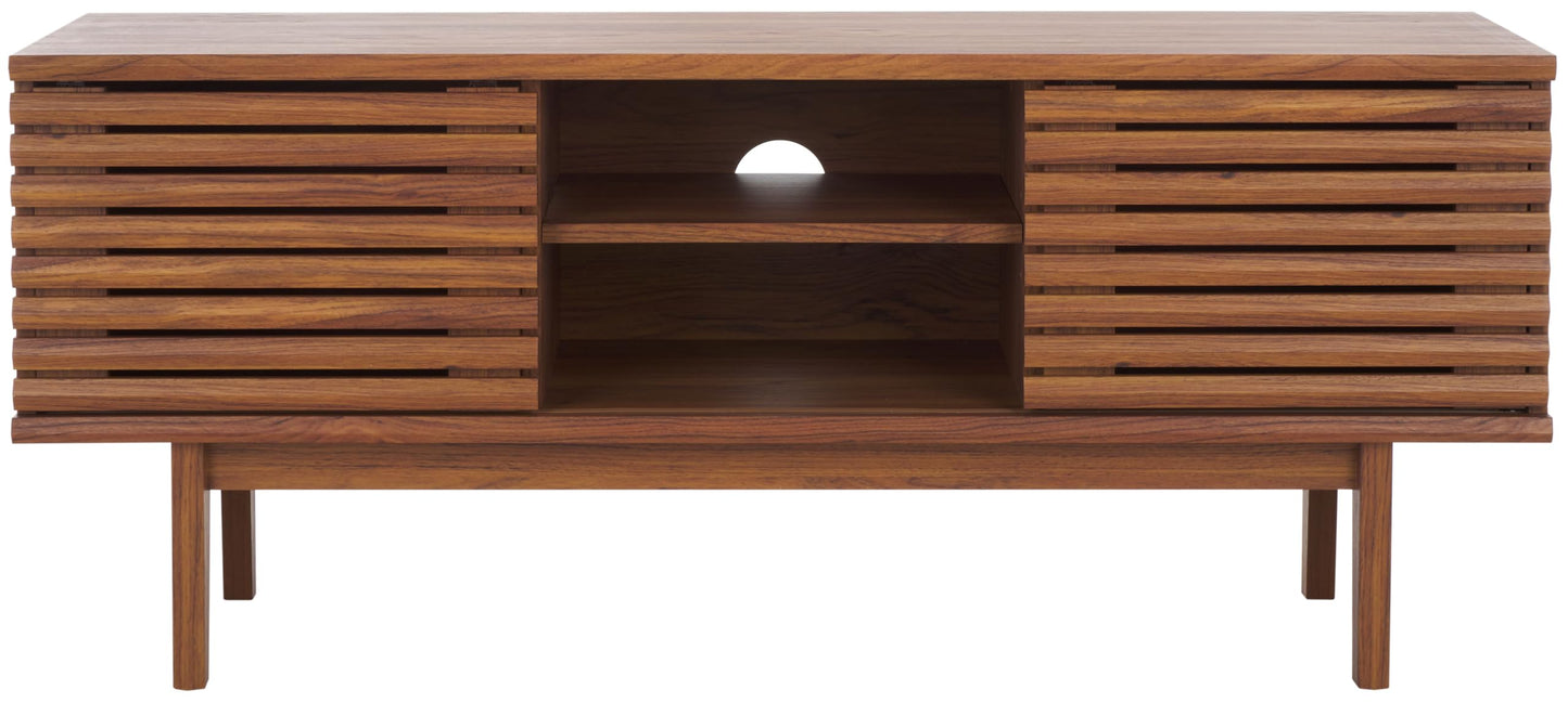 SAFAVIEH Aricia TV Stand for up to 55" Flatscreen – Walnut, 2 Sliding Doors with Interior Storage, 1 Open Shelf, Entertainment Media Console (MED9632A)