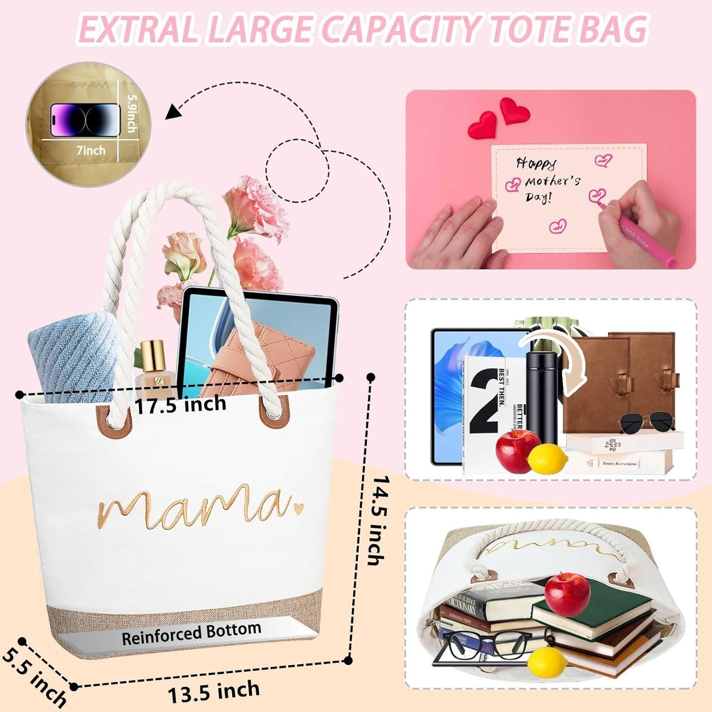 GhvyenntteS Mama Bag, Mothers Day Gifts for Mom Grandma, New Mom Gifts, Mom Tote Bag with Zipper for Hospital