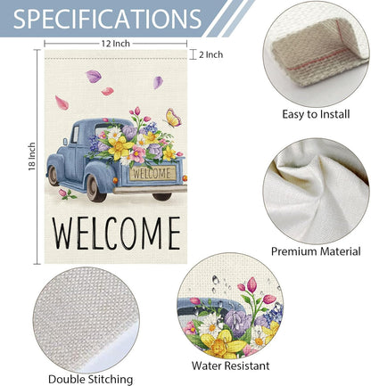 Welcome Spring Garden Flag 12x18 Double Sided Vertical Burlap Retro Truck Floral for Outdoor Decoration