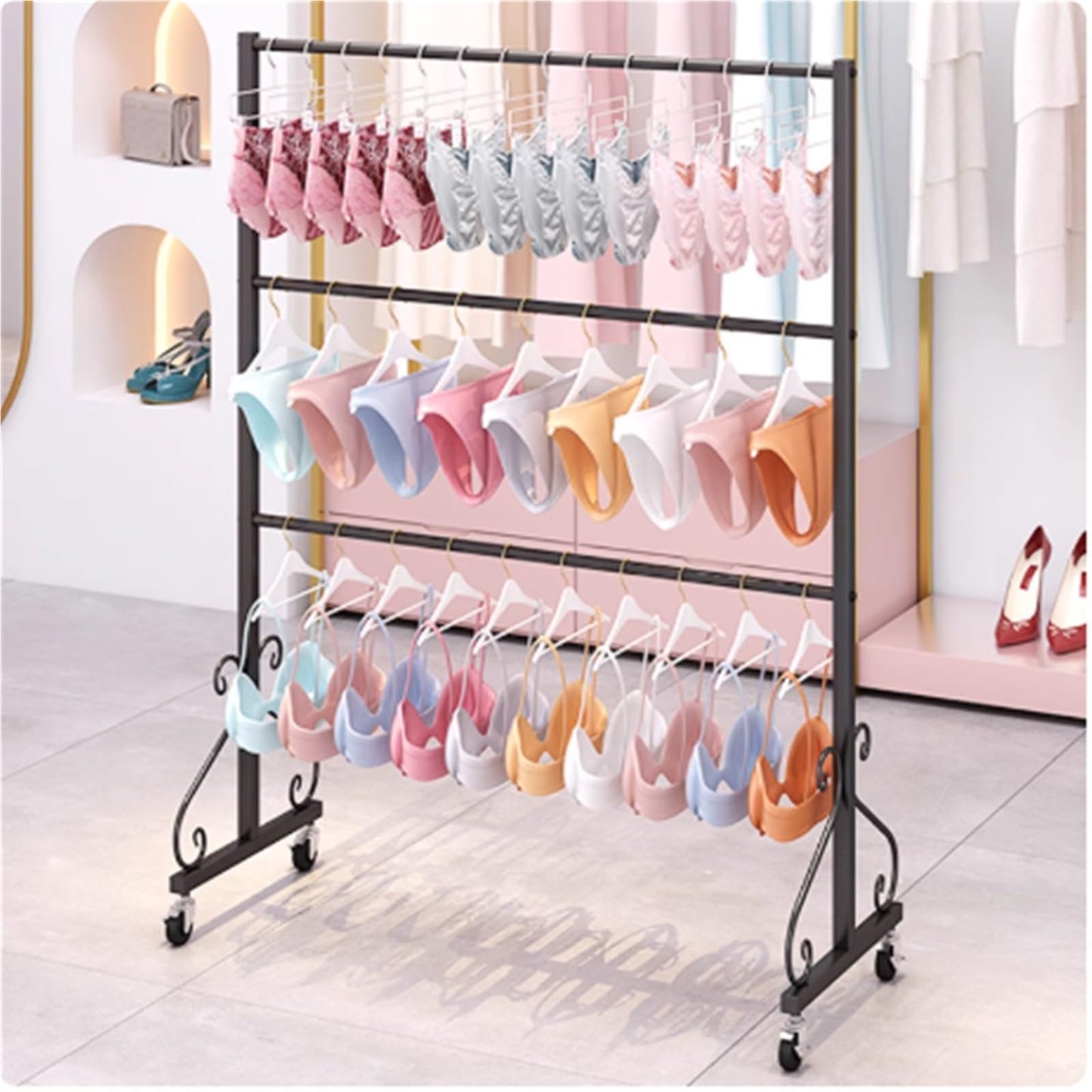 3 Tier Underwear Display Stand, Anti-Slip, Lingerie Bra Rack with Wheels, Metal, Retail Showshelves, Commercial Clothing Store Shelf, for Shorts,Hats, Sock(Black,100 * 40 * 130cm)